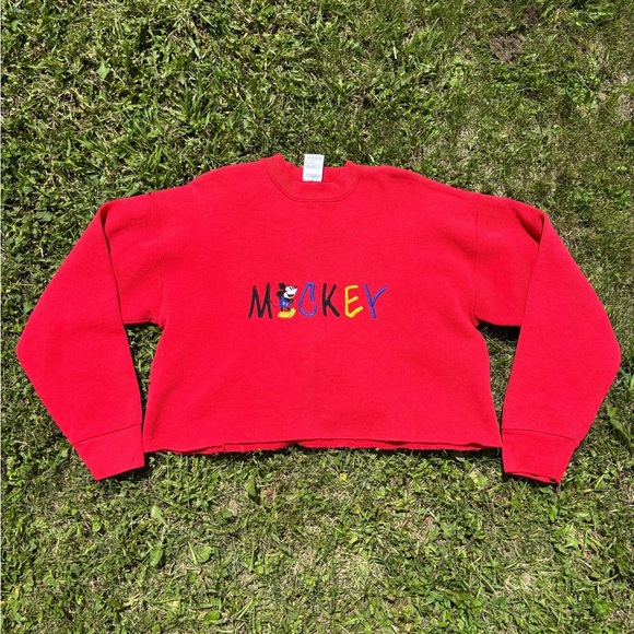 Vtg Mickey & Co Disney Sweatshirt Size Large Red Cropped Raw Hem Embroidered 90s - Picture 1 of 7